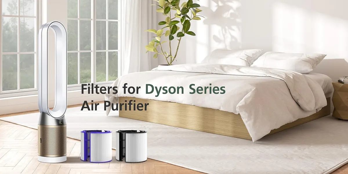 isinlive Dyson-compatible HEPA filters next to a Dyson purifier fan